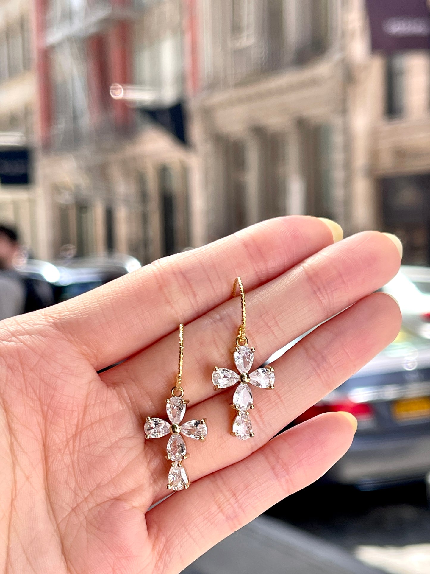 Dainty Diamond Crystal Cross Dangle Ear Wire Earrings | Unique Gold Cross Earrings