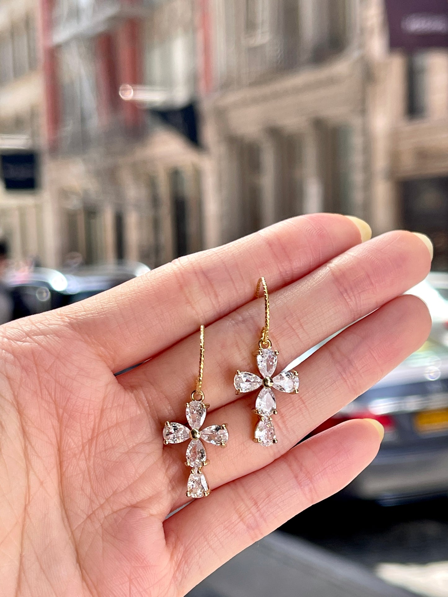 Dainty Diamond Crystal Cross Dangle Ear Wire Earrings | Unique Gold Cross Earrings