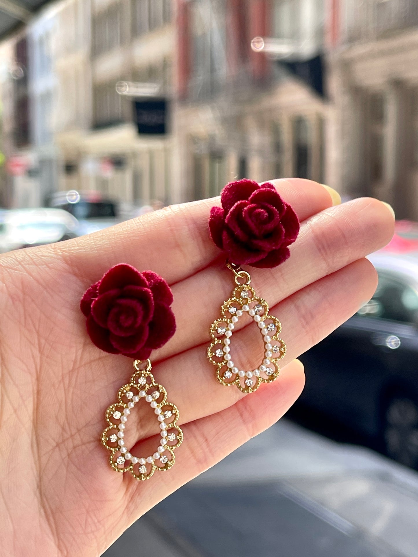 Beauty and the Beast Princess Earrings - Victorian Romantic Red Velvet Rose Earrings