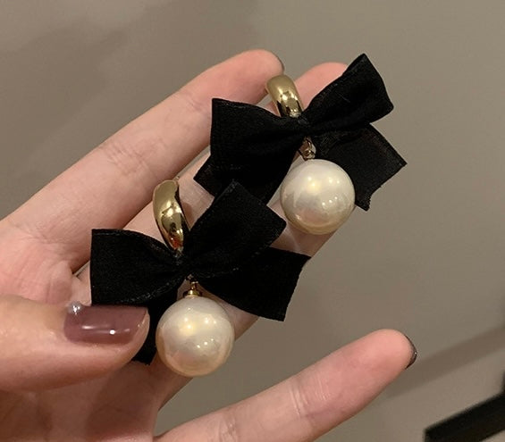 Handmade Black Silk Ribbon Bow Earrings | Romantic Elegant Pearl Drop Earrings Half Gold Hoop Earrings