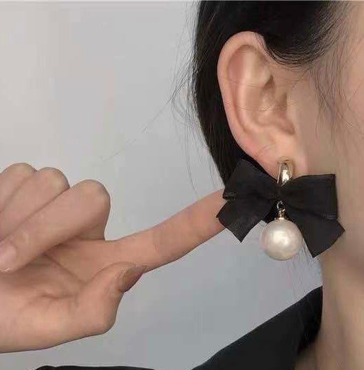 Handmade Black Silk Ribbon Bow Earrings | Romantic Elegant Pearl Drop Earrings Half Gold Hoop Earrings