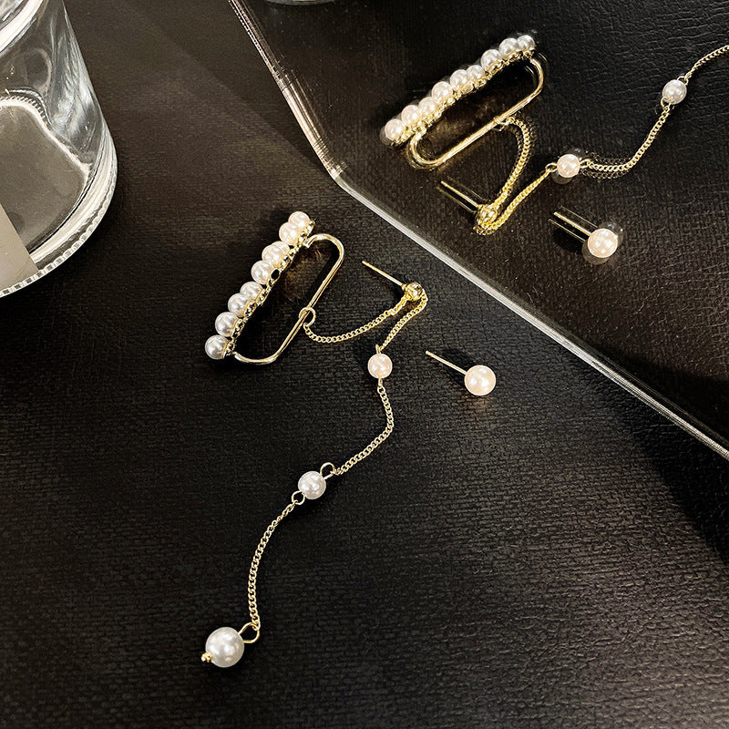 Pearl Cluster Mismatched Cuff Earrings | Long Drop Dainty Gold Pearl Dangly Ear Wrap Ear Climber