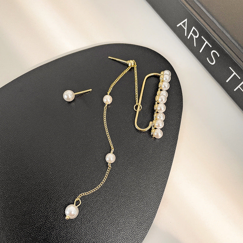 Pearl Cluster Mismatched Cuff Earrings | Long Drop Dainty Gold Pearl Dangly Ear Wrap Ear Climber
