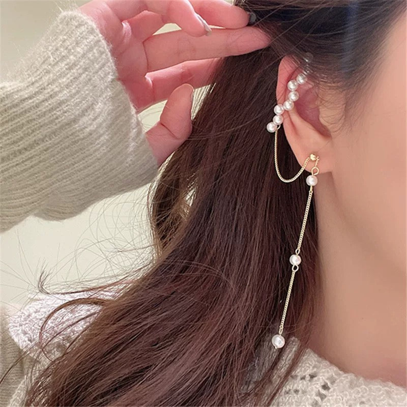 Pearl Cluster Mismatched Cuff Earrings | Long Drop Dainty Gold Pearl Dangly Ear Wrap Ear Climber