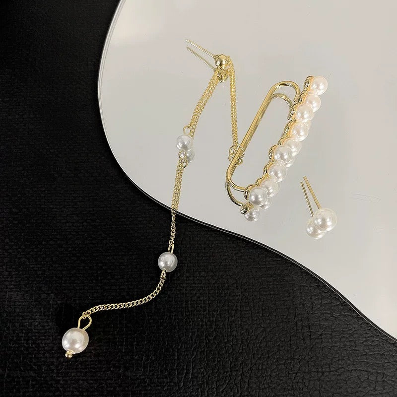 Pearl Cluster Mismatched Cuff Earrings | Long Drop Dainty Gold Pearl Dangly Ear Wrap Ear Climber