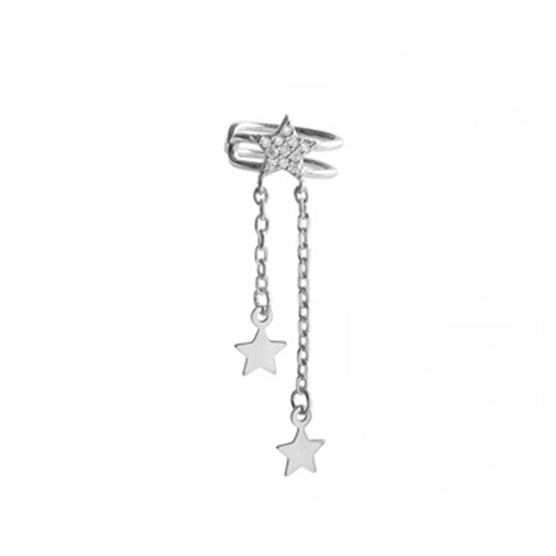 Sparkling Star Tassel Ear Cuff - No Piercing Celestial Silver Ear Wrap
