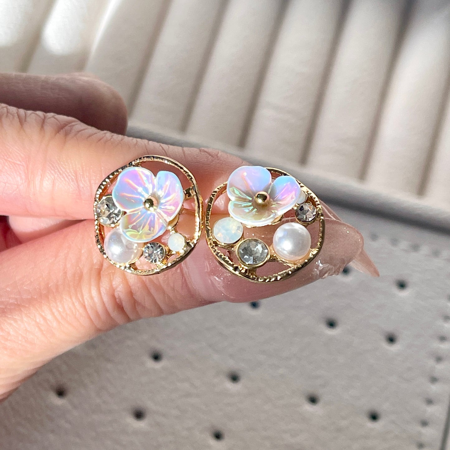 Handmade Flower Cluster Gold Hoop Earrings | Cherry Blossom Sakura Floral Studs