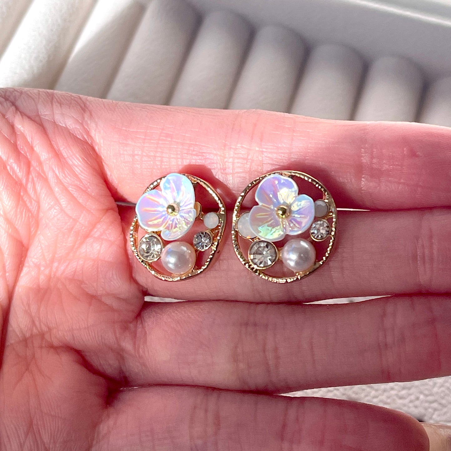 Handmade Flower Cluster Gold Hoop Earrings | Cherry Blossom Sakura Floral Studs