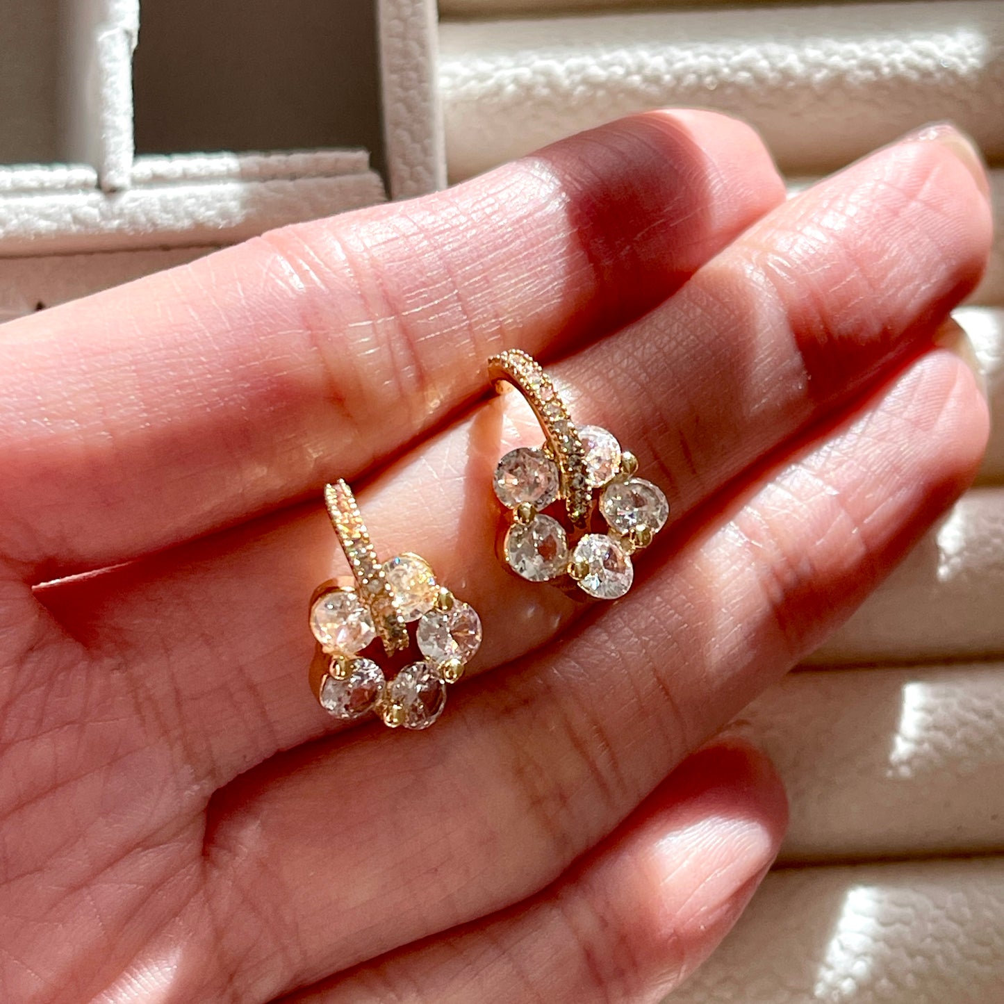 Sakura Flower Cherry Blossom Gold Hoop Stud Earrings | Handmade Crystal Floral Huggies
