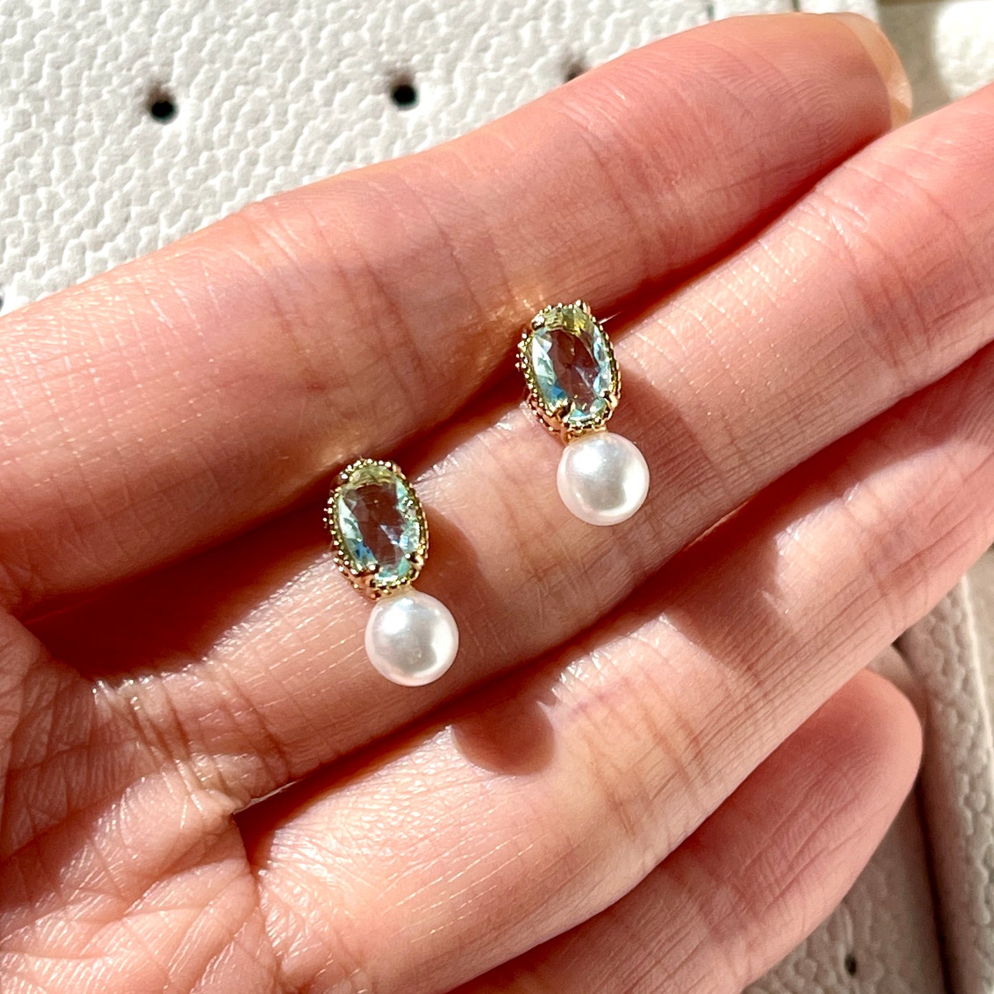 Aqua lake blue ear stud, Dainty pearl ear climbers