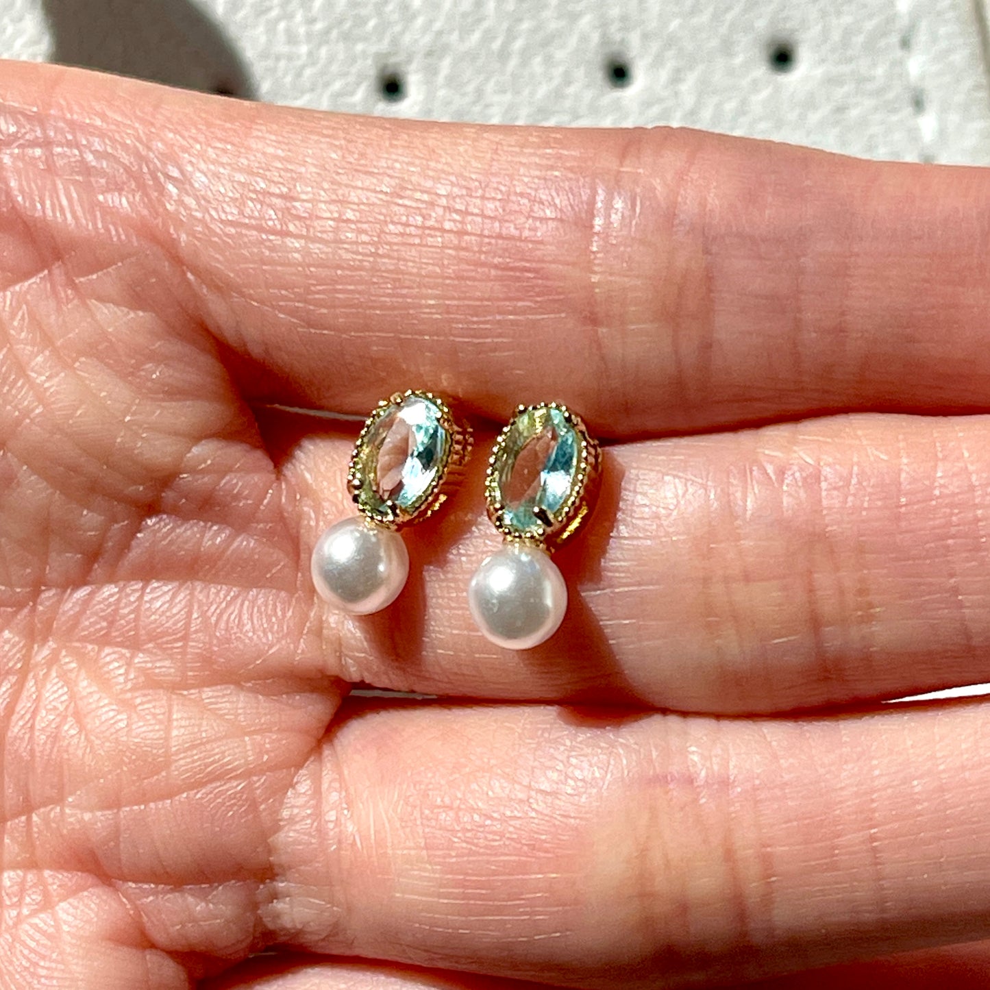 Aqua lake blue ear stud, Dainty pearl ear climbers