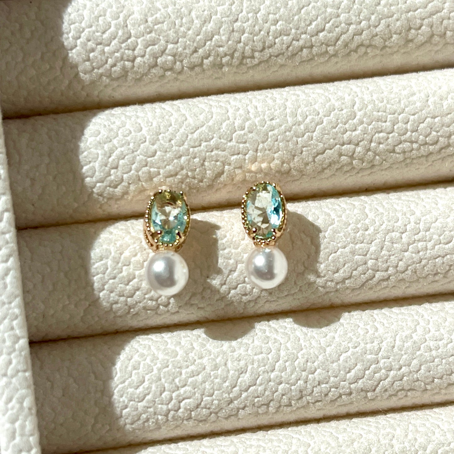 Aqua lake blue ear stud, Dainty pearl ear climbers