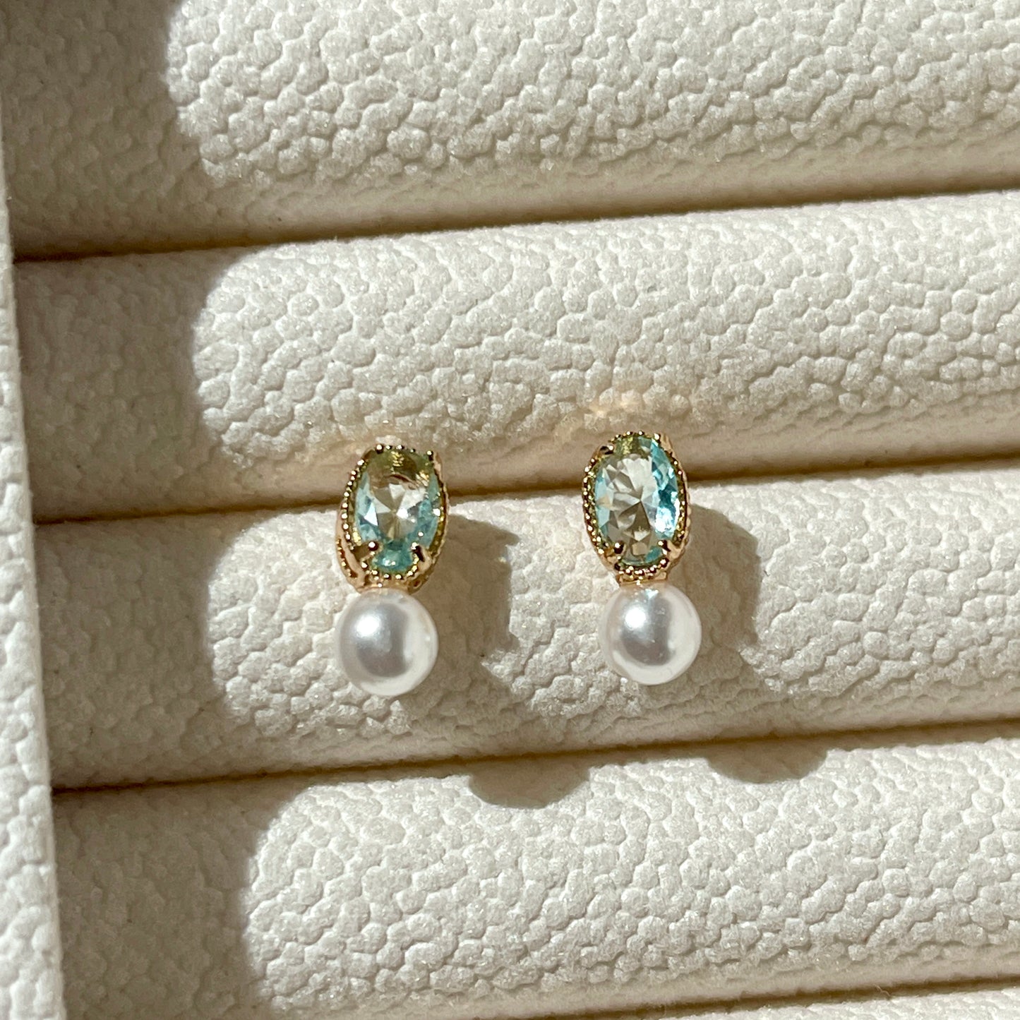 Aqua lake blue ear stud, Dainty pearl ear climbers