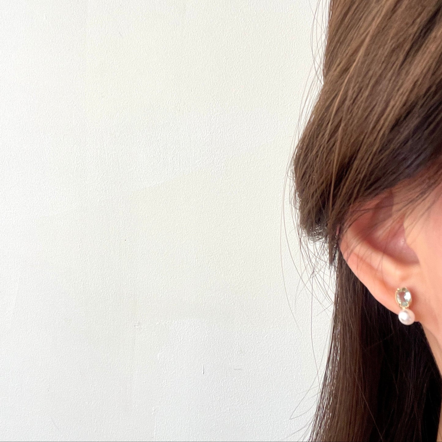 Aqua lake blue ear stud, Dainty pearl ear climbers