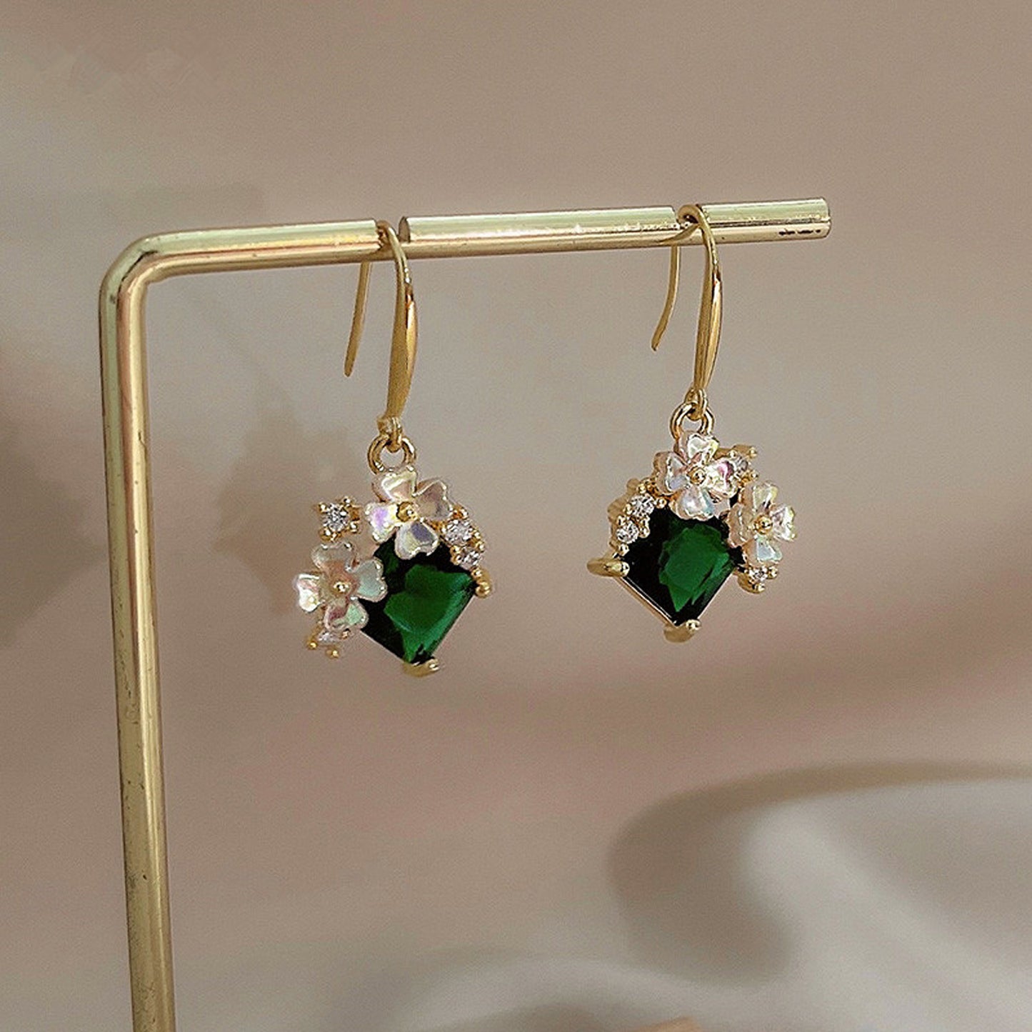 Floral Emerald Green Dangle Earrings | Handmade Elegant Green Stone Gold Earrings