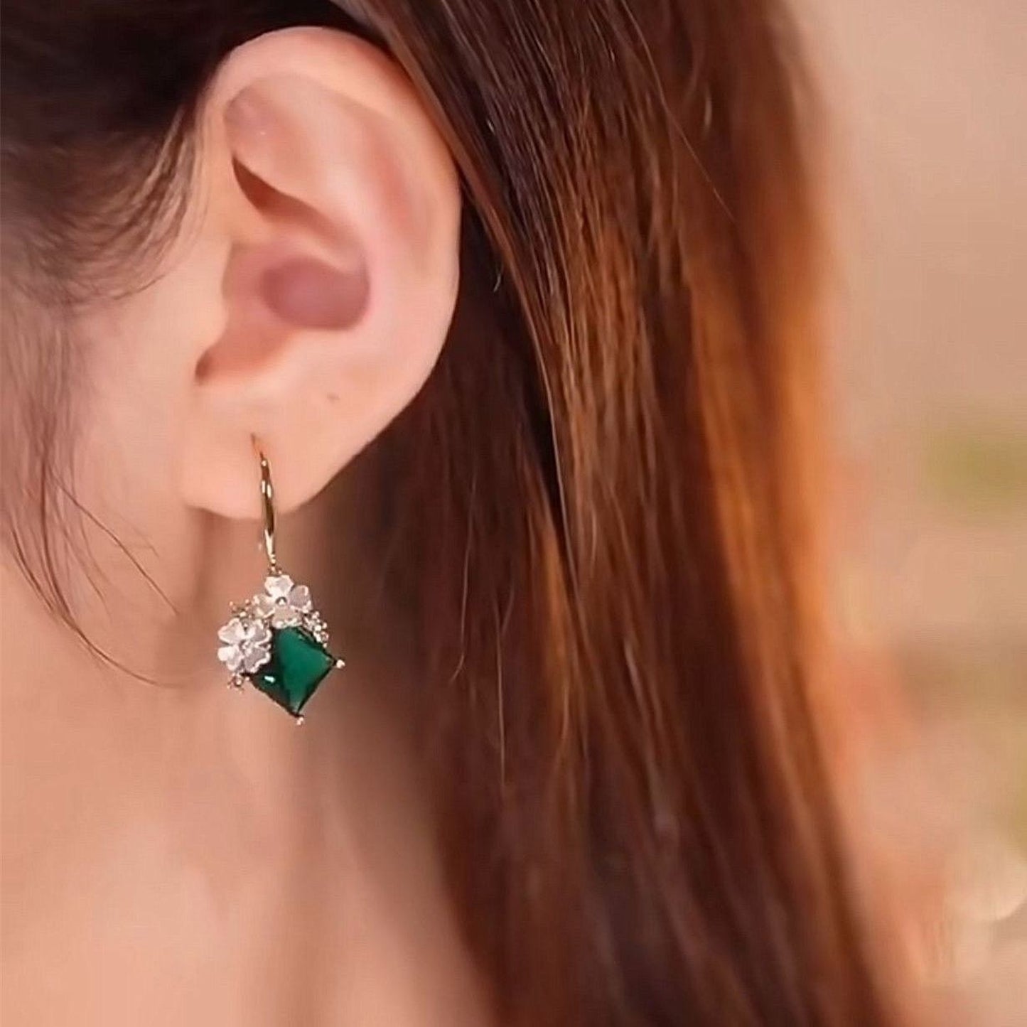 Floral Emerald Green Dangle Earrings | Handmade Elegant Green Stone Gold Earrings