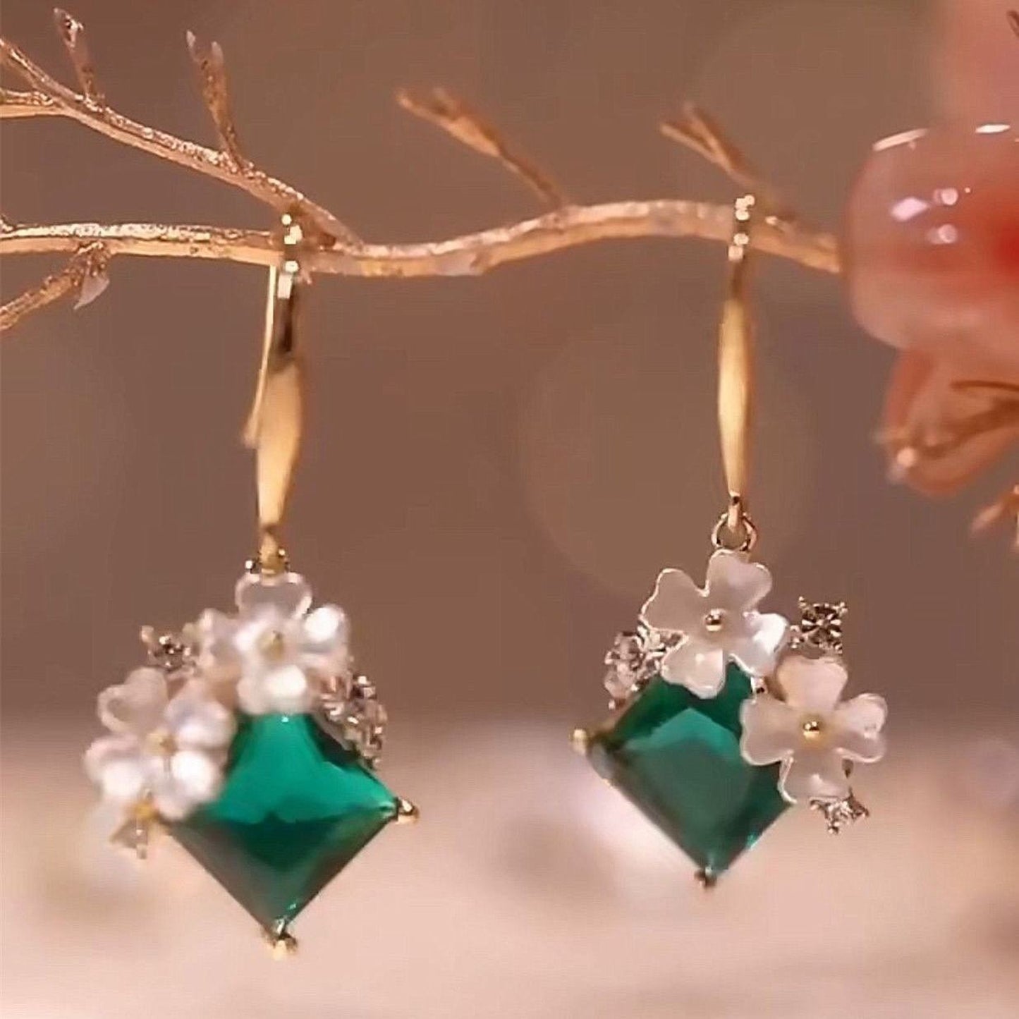 Floral Emerald Green Dangle Earrings | Handmade Elegant Green Stone Gold Earrings
