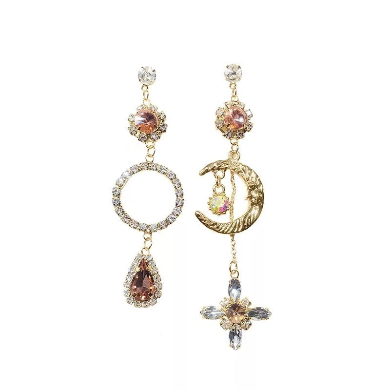 Baroque Vintage Long Drop Mismatched Earrings - Feminine Pink Gold Crescent Statement Earrings
