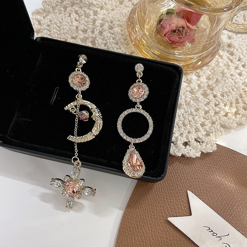 Baroque Vintage Long Drop Mismatched Earrings - Feminine Pink Gold Crescent Statement Earrings