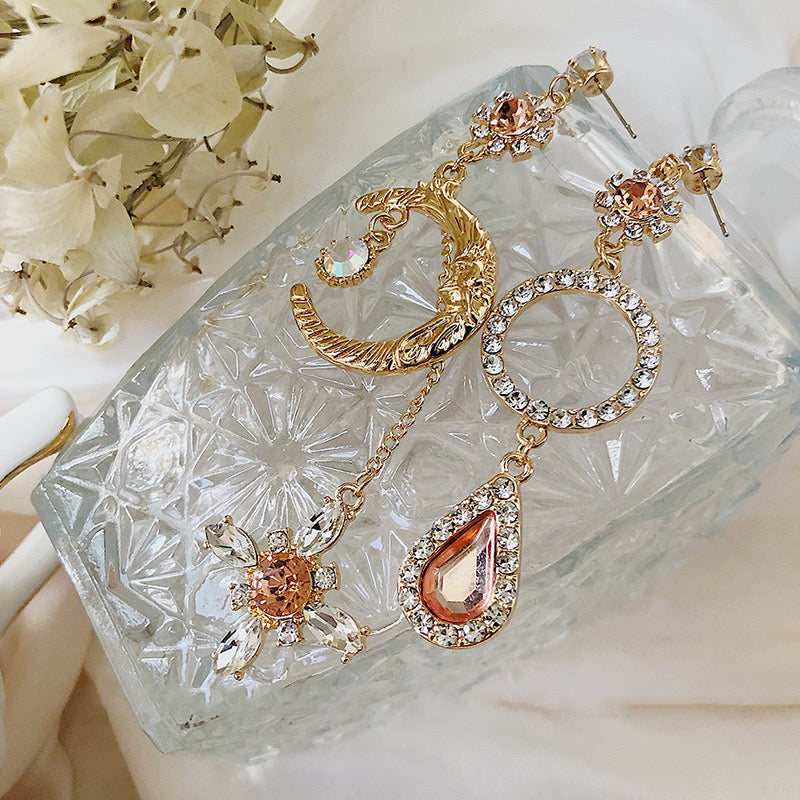 Baroque Vintage Long Drop Mismatched Earrings - Feminine Pink Gold Crescent Statement Earrings
