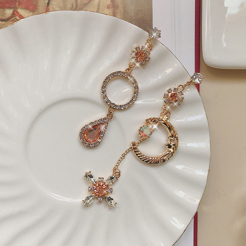 Baroque Vintage Long Drop Mismatched Earrings - Feminine Pink Gold Crescent Statement Earrings