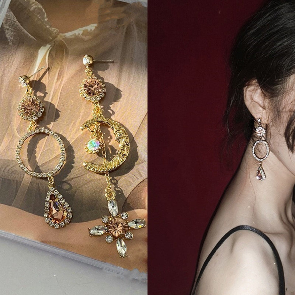 Baroque Vintage Long Drop Mismatched Earrings - Feminine Pink Gold Crescent Statement Earrings