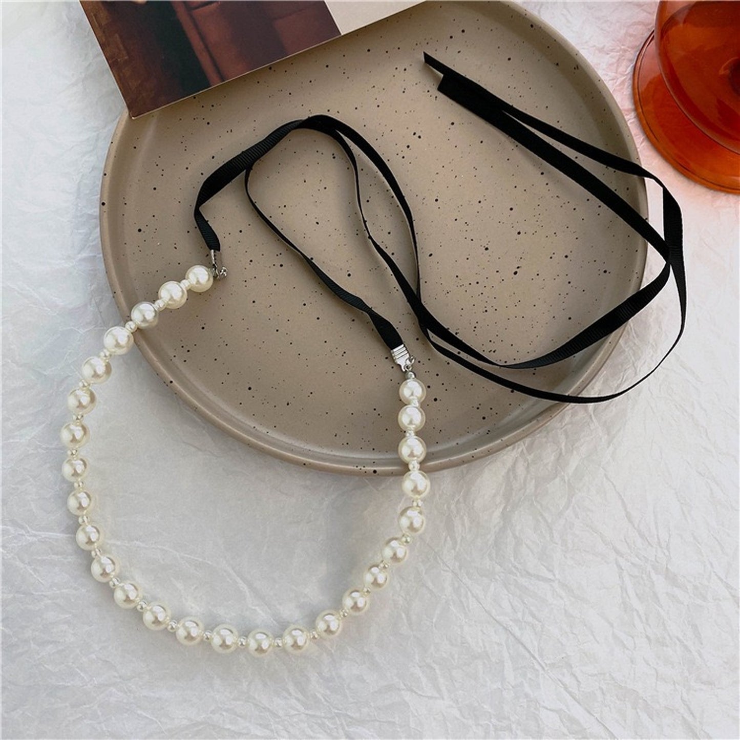 Audrey Hepburn Black Silk Bow Ribbon Pearl Necklace | Handmade Vintage Style Pearl Drop Long Necklace