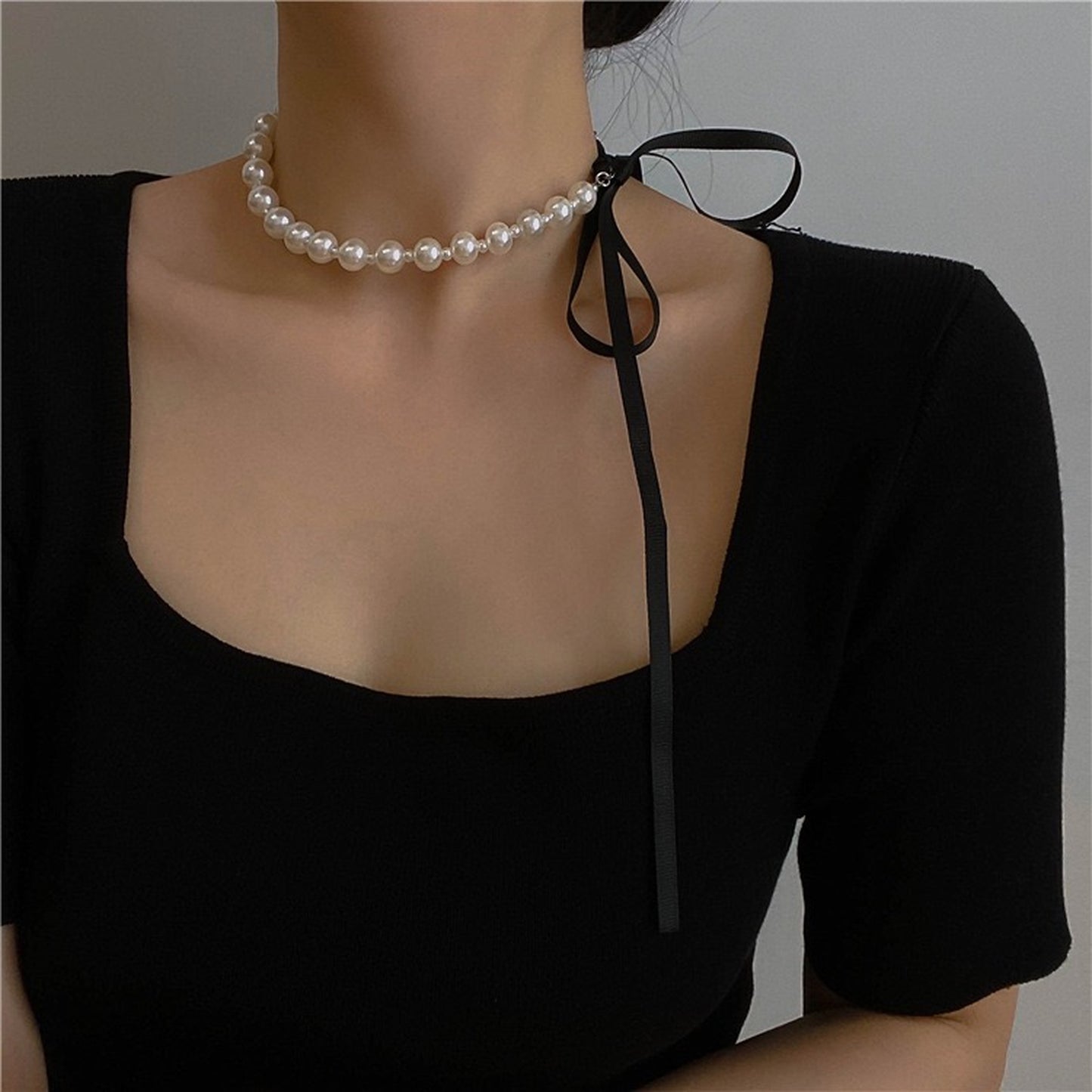 Audrey Hepburn Black Silk Bow Ribbon Pearl Necklace | Handmade Vintage Style Pearl Drop Long Necklace