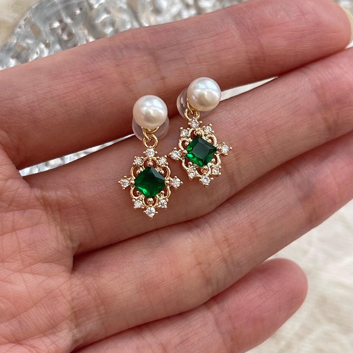 2-Way Natural Pearl Green Emerald Gold Lace Earrings | Handmade Luxury Dainty Jewelry