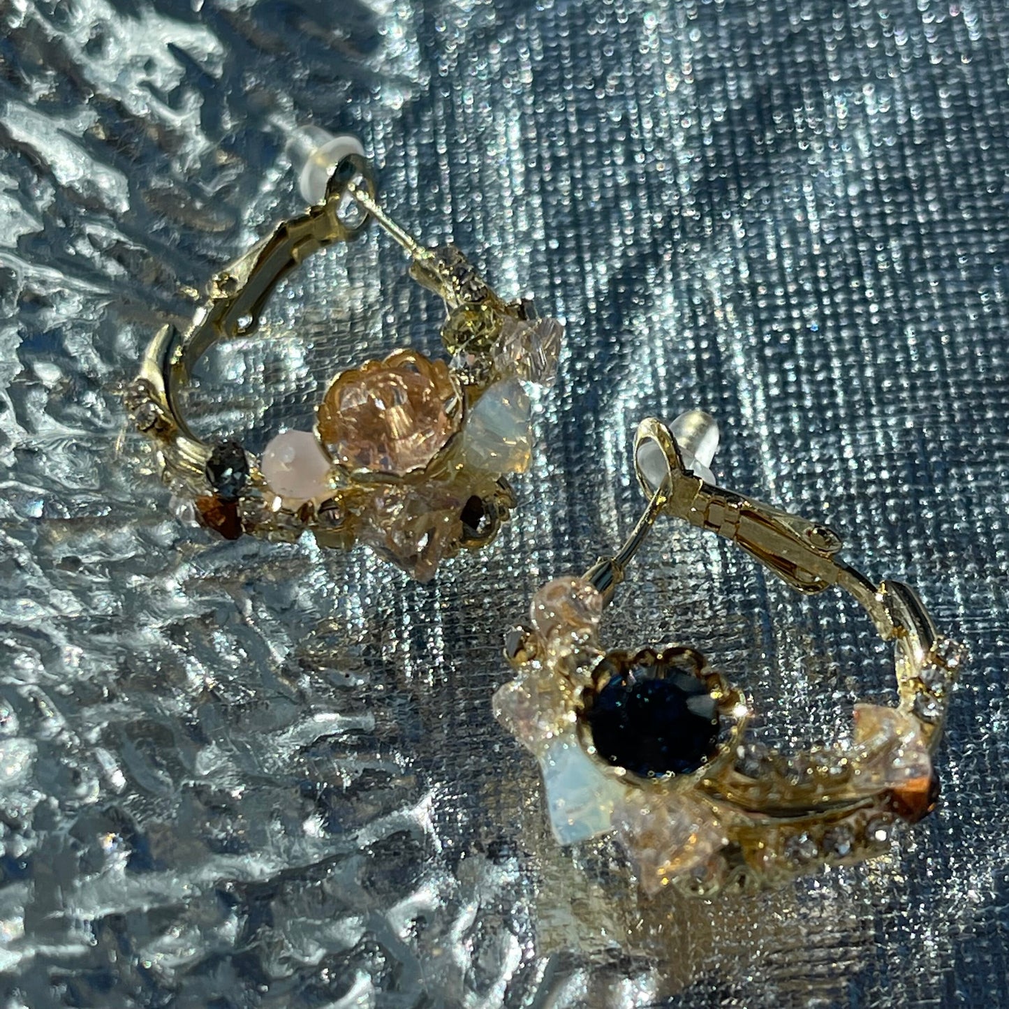Flower Hoop Gemstone Gold Earrings - Handmade Floral Cluster Rainbow Earrings