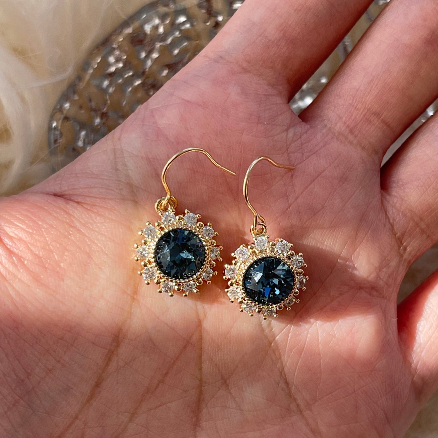 Handmade Gold Lace Blue Sapphire Earrings - Dainty Blue Bridesmaid Wedding Earrings