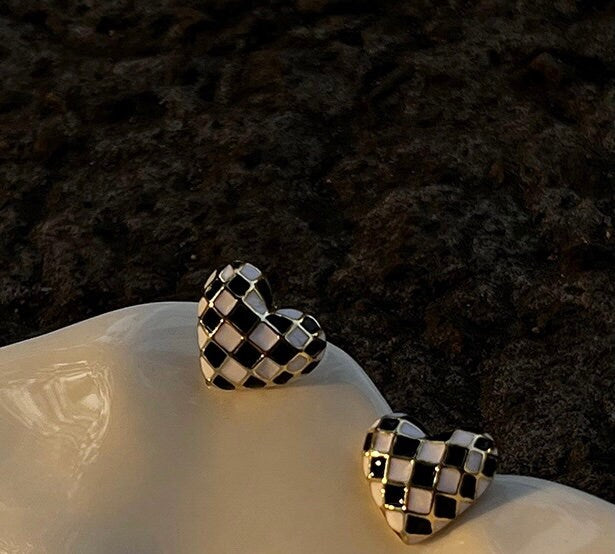 Black White Checkerboard Heart Studs - Chunky Statement Stud Earrings