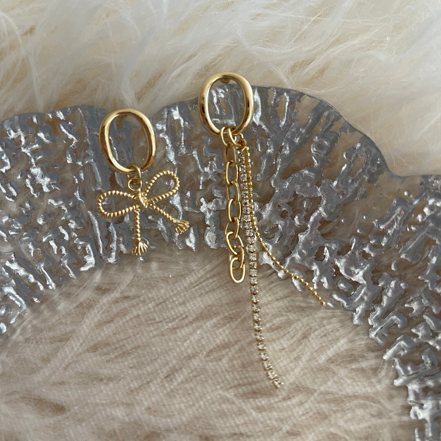 Mismatched Ribbon Earrings, Asymmetric Earrings, Gold Bow Threader, Gold Fringed Earrings, Mismatched Drop Chain, Hoop Earrings, Streetwear
