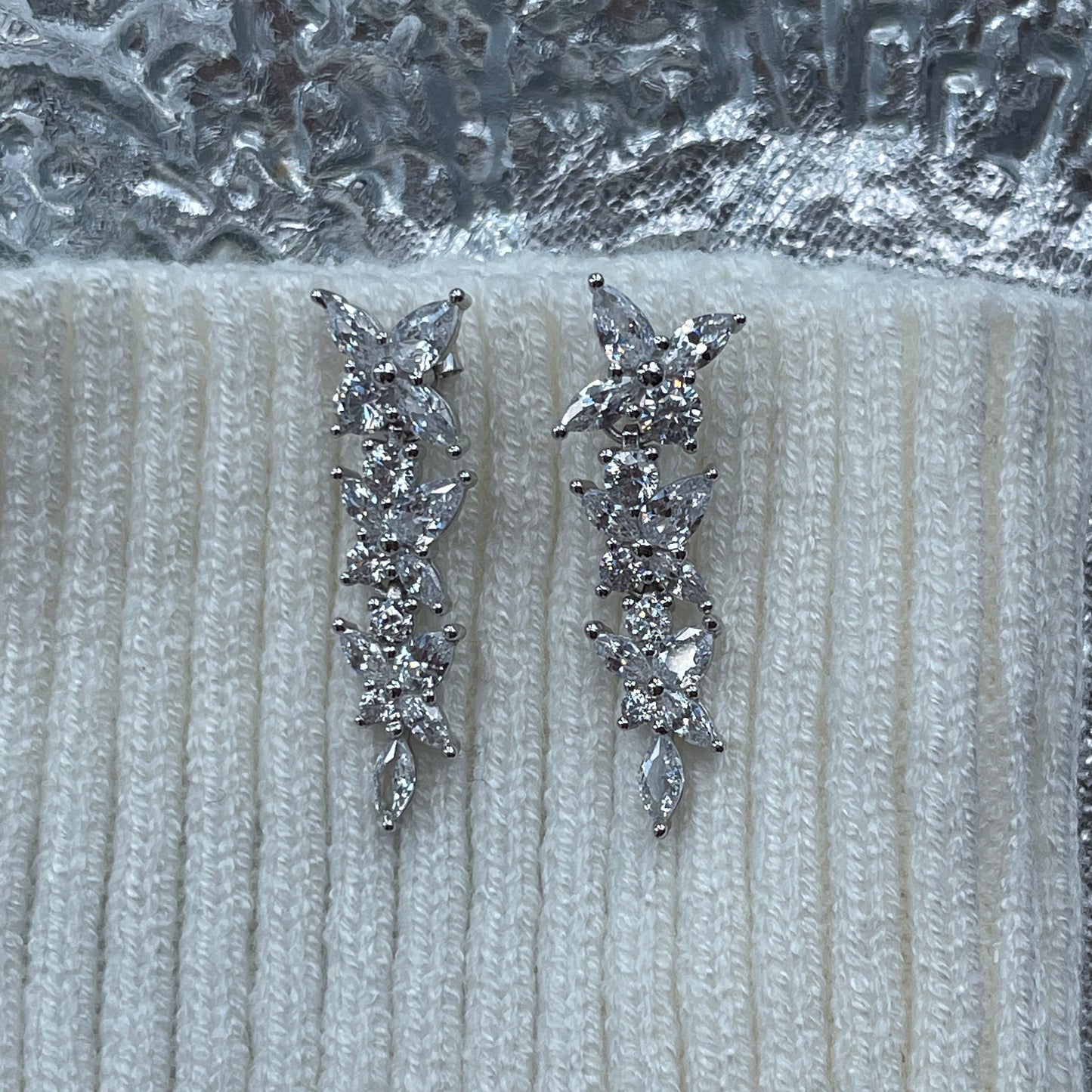 Floral bridal earrings, romantic earrings, celestial silver earrings, diamond cz earrings, crystal bridal bridesmaid earrings, chandelier