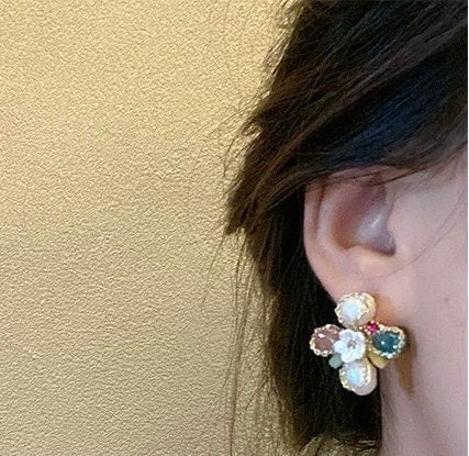 Rainbow Gemstone Earrings, Floral Pearl Earrings, Flower Wreath Earrings, Chunky Large Earrings, Multi stone Statement earrings, Cute Gift