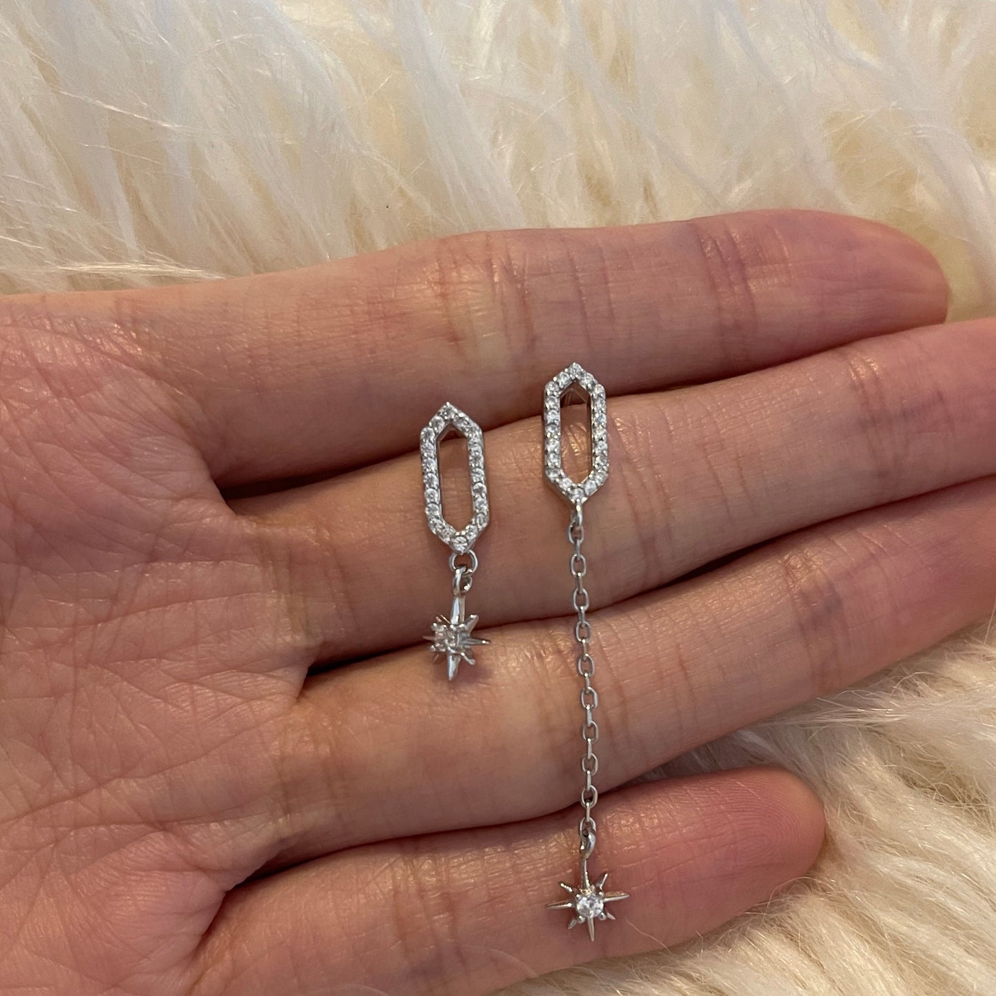 Mismatched Star Dangle Earrings, Asymmetric Starburst Earrings, Wedding bridesmaid Long Earrings, Sterling Silver Geometric Diamond Earrings