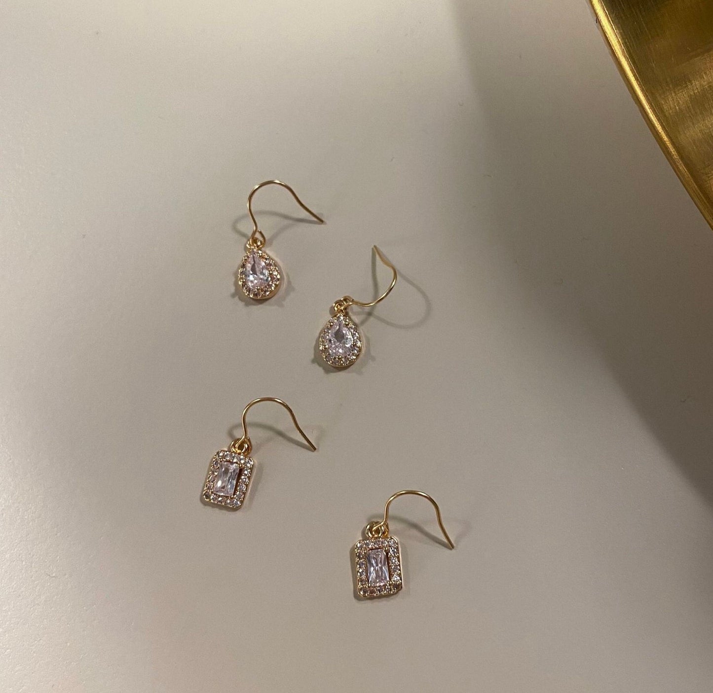 14k Gold-filled drop earrings, crystal dangle earrings, dainty gold lace earrings, classic teardrop rectangle cz earrings, minimalist gift
