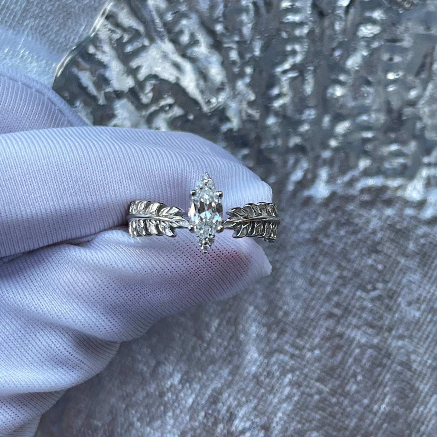 Olive leaf ring, lab created diamond ring, vine lace ring, baguette engagement promise ring, dainty silver ring, romantic anniversary gift