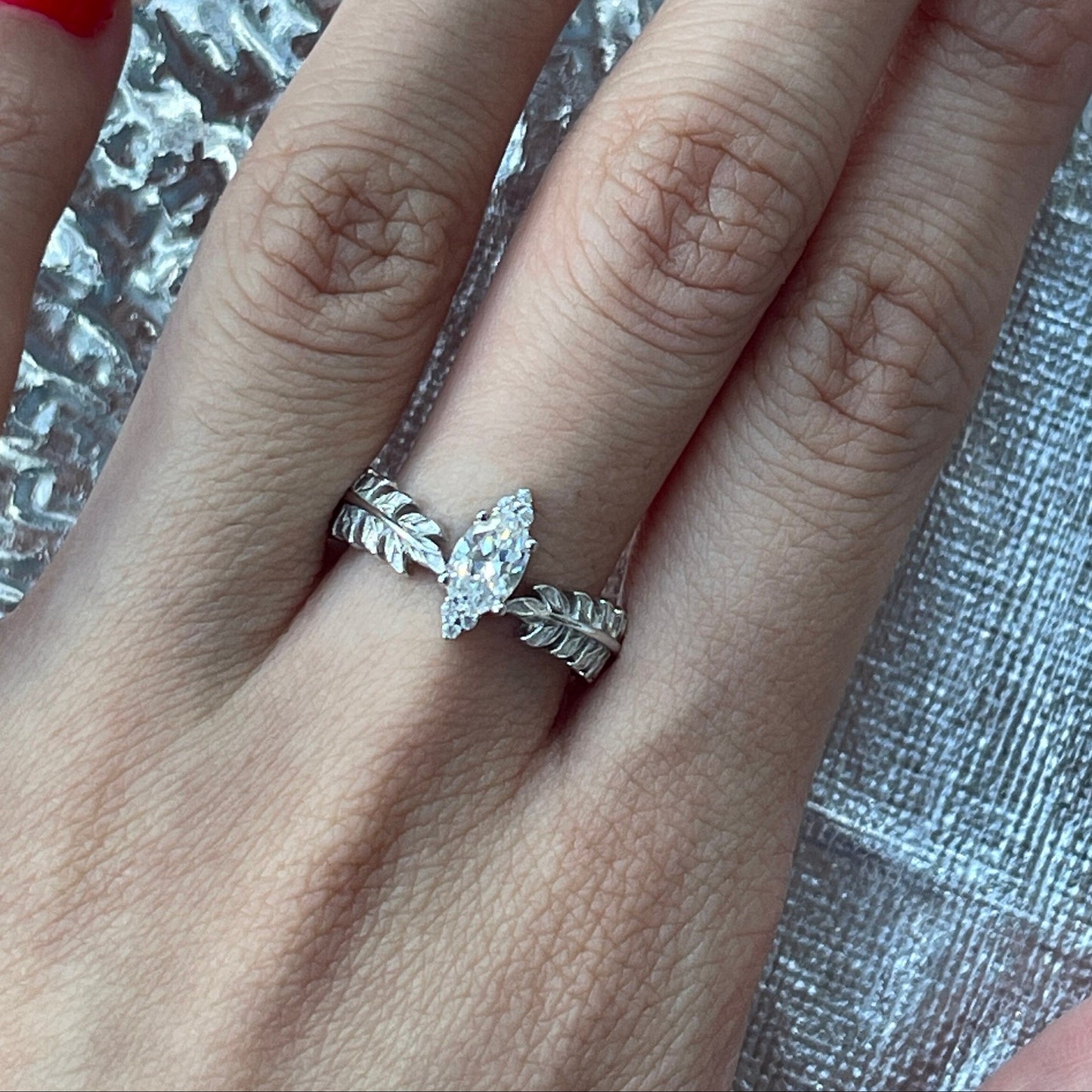 Olive leaf ring, lab created diamond ring, vine lace ring, baguette engagement promise ring, dainty silver ring, romantic anniversary gift