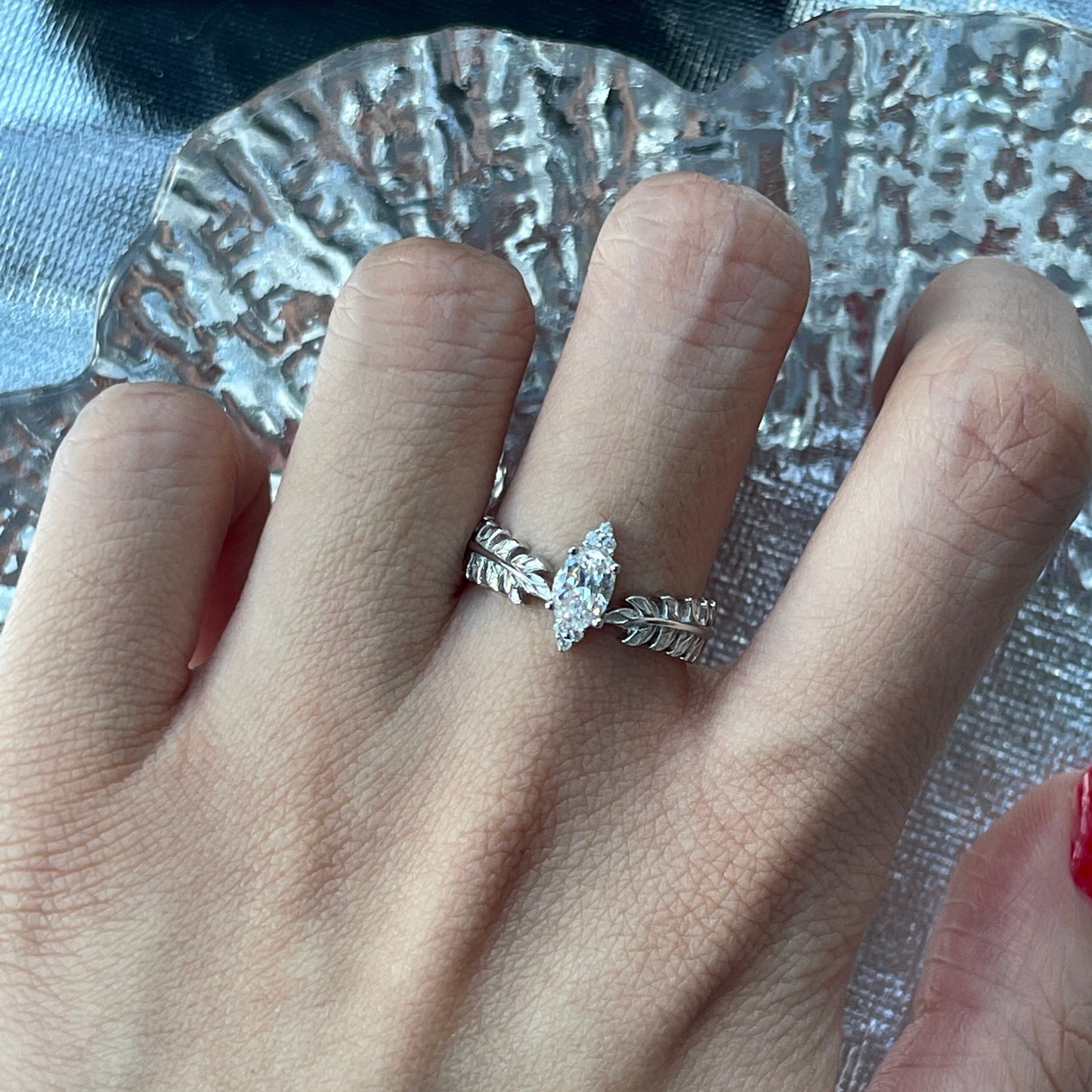 Olive leaf ring, lab created diamond ring, vine lace ring, baguette engagement promise ring, dainty silver ring, romantic anniversary gift