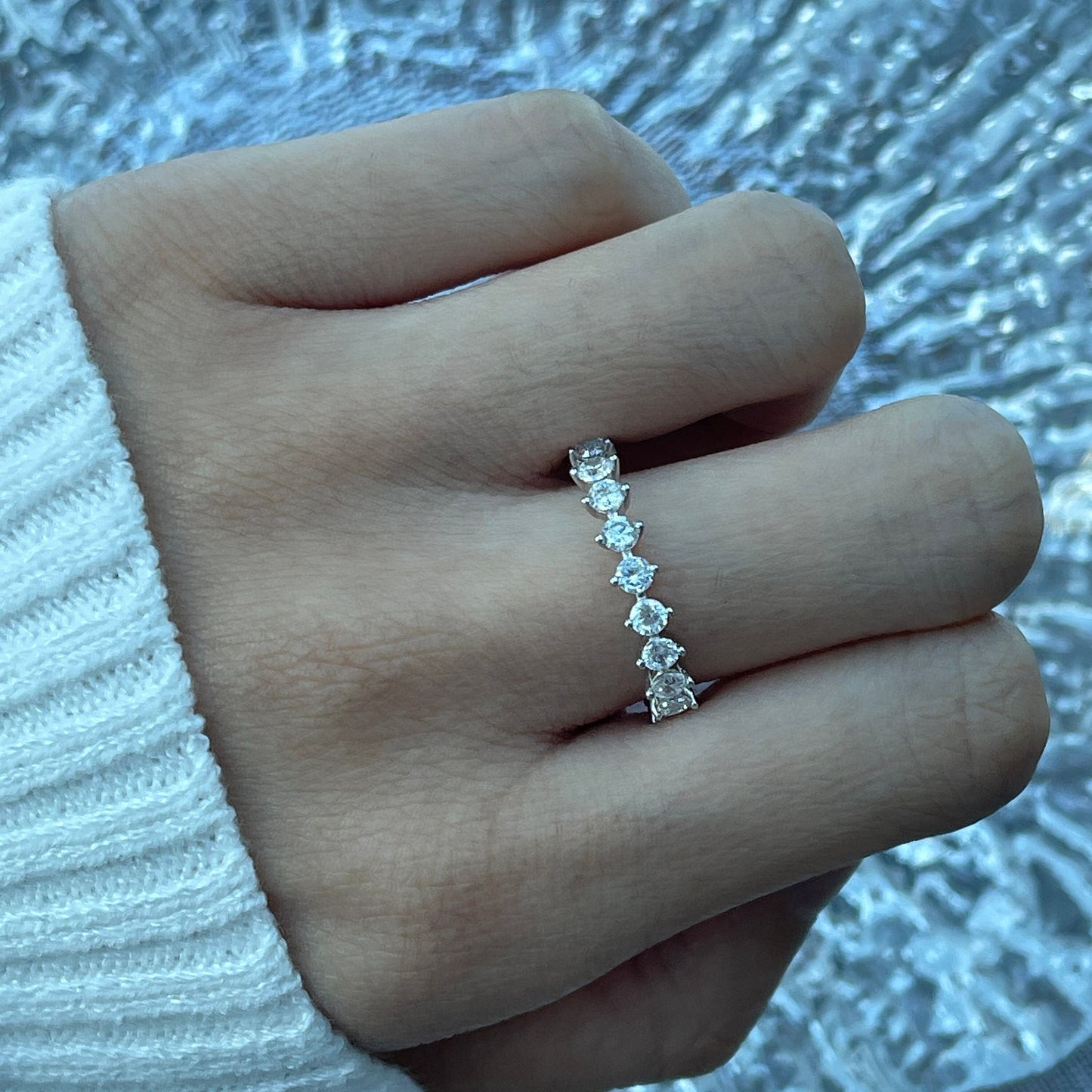 Round Paved Diamond Ring, Silver Eternity Band, Minimalist Ring, Promise Engagement Wedding Ring, Lab Created Diamond Ring, Anniversary Gift