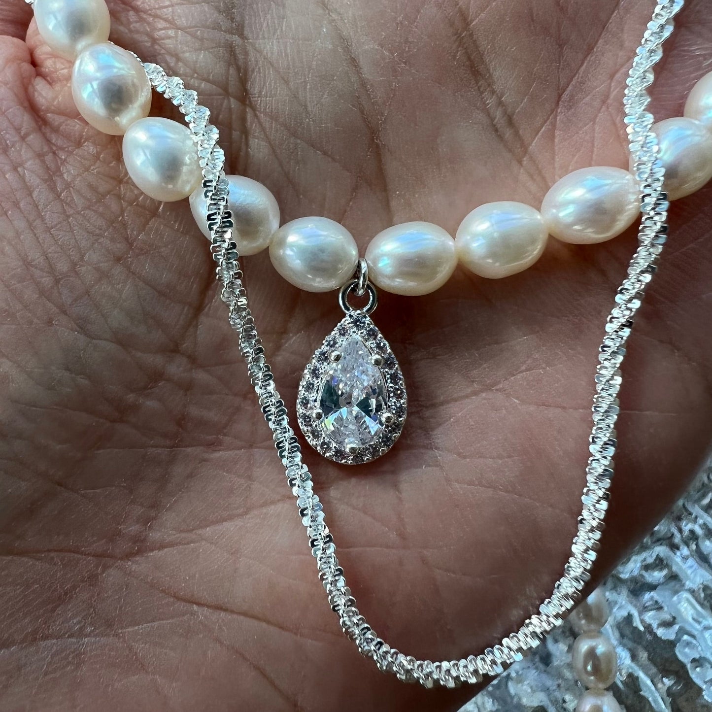 Pearl Bead Choker Charm Double Layer Necklace | Freshwater Pearl 2-Way Necklace | Silver Chain Teardrop Cz Pendant Pearl Necklace