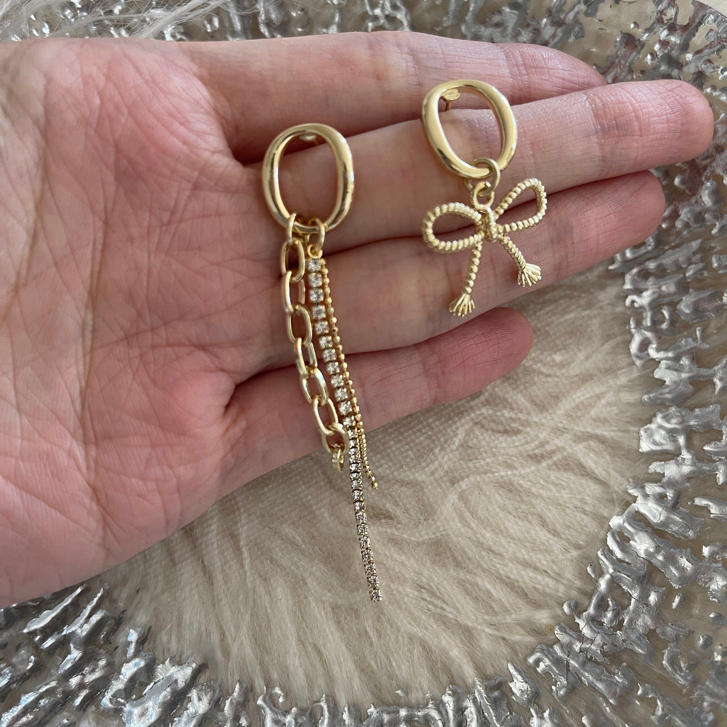 Mismatched Ribbon Earrings, Asymmetric Earrings, Gold Bow Threader, Gold Fringed Earrings, Mismatched Drop Chain, Hoop Earrings, Streetwear