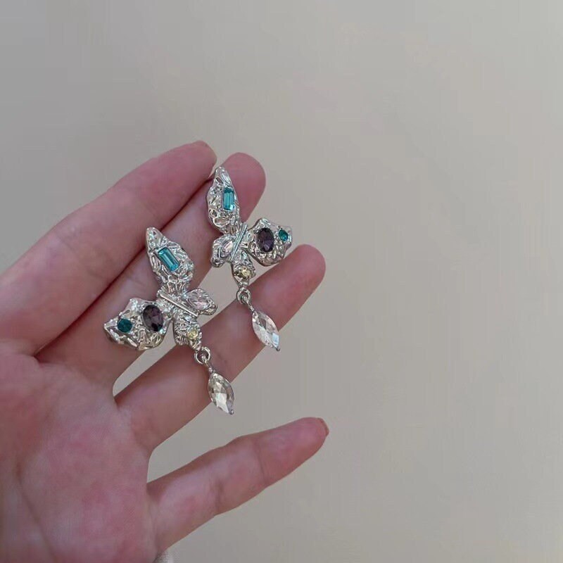 Silver Butterfly Earrings, Multicolored Statement Earrings, Handmade Gemstone Earrings, Chunky Dangle Earrings, CZ Earrings, Birthday Gift