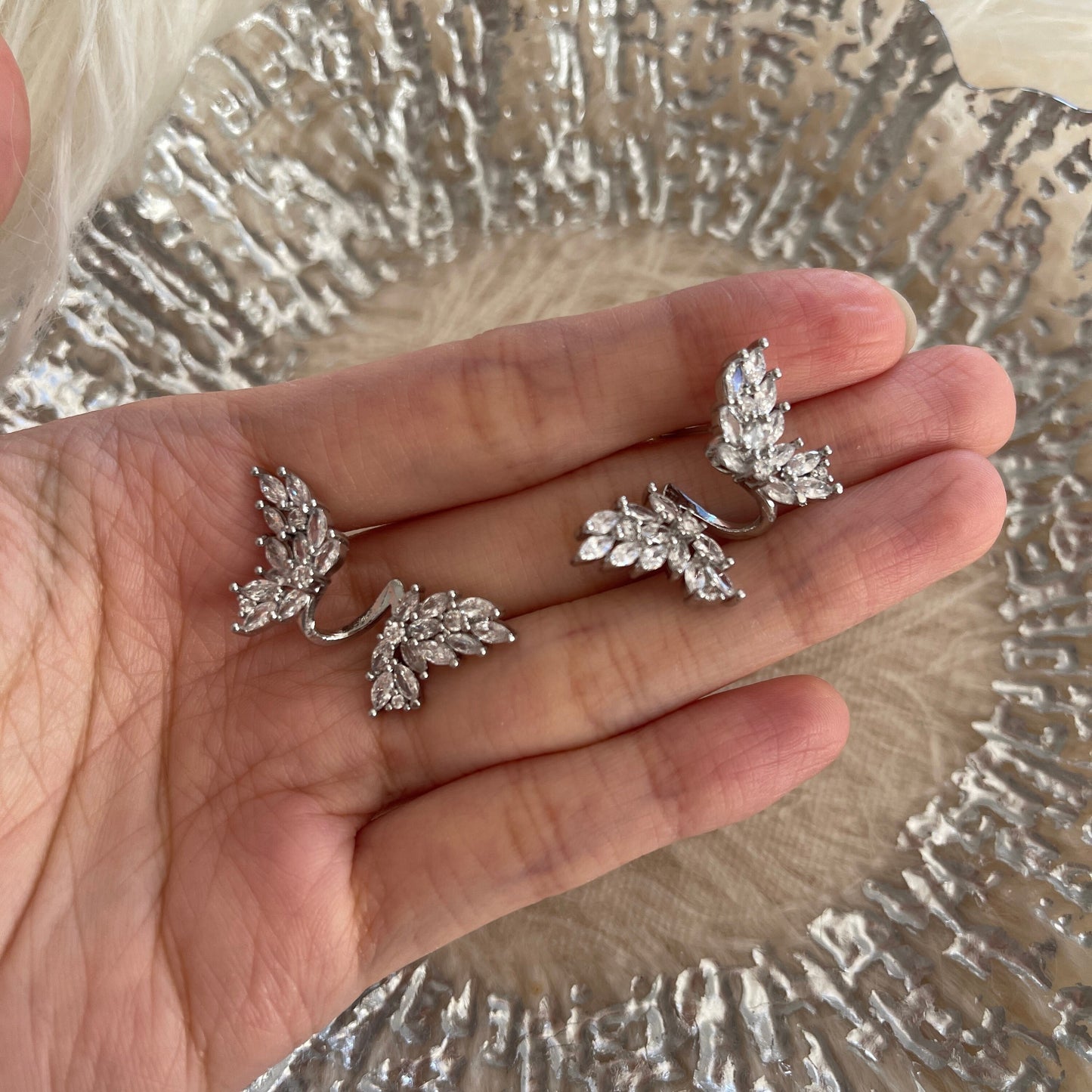 Butterfly Ear Climber, Angel Wings Earrings, Iced out Bling Diamond Earrings, Vine Leaf Bridesmaid Gifts, White Gold Earrings, Mismatched