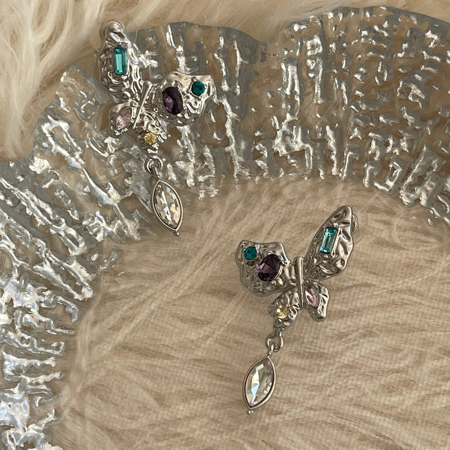 Silver Butterfly Earrings, Multicolored Statement Earrings, Handmade Gemstone Earrings, Chunky Dangle Earrings, CZ Earrings, Birthday Gift
