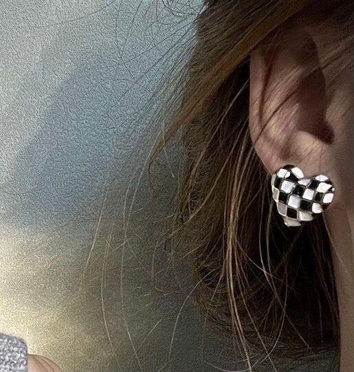 Black White Checkerboard Heart Studs - Chunky Statement Stud Earrings