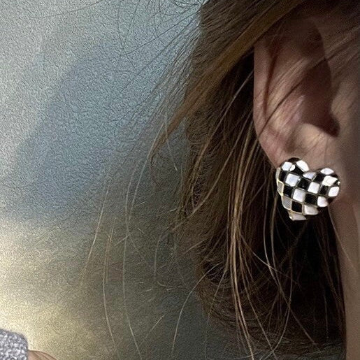 Black White Checkerboard Heart Studs - Chunky Statement Stud Earrings