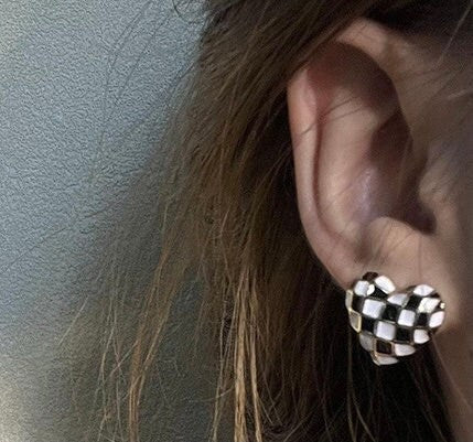 Black White Checkerboard Heart Studs - Chunky Statement Stud Earrings