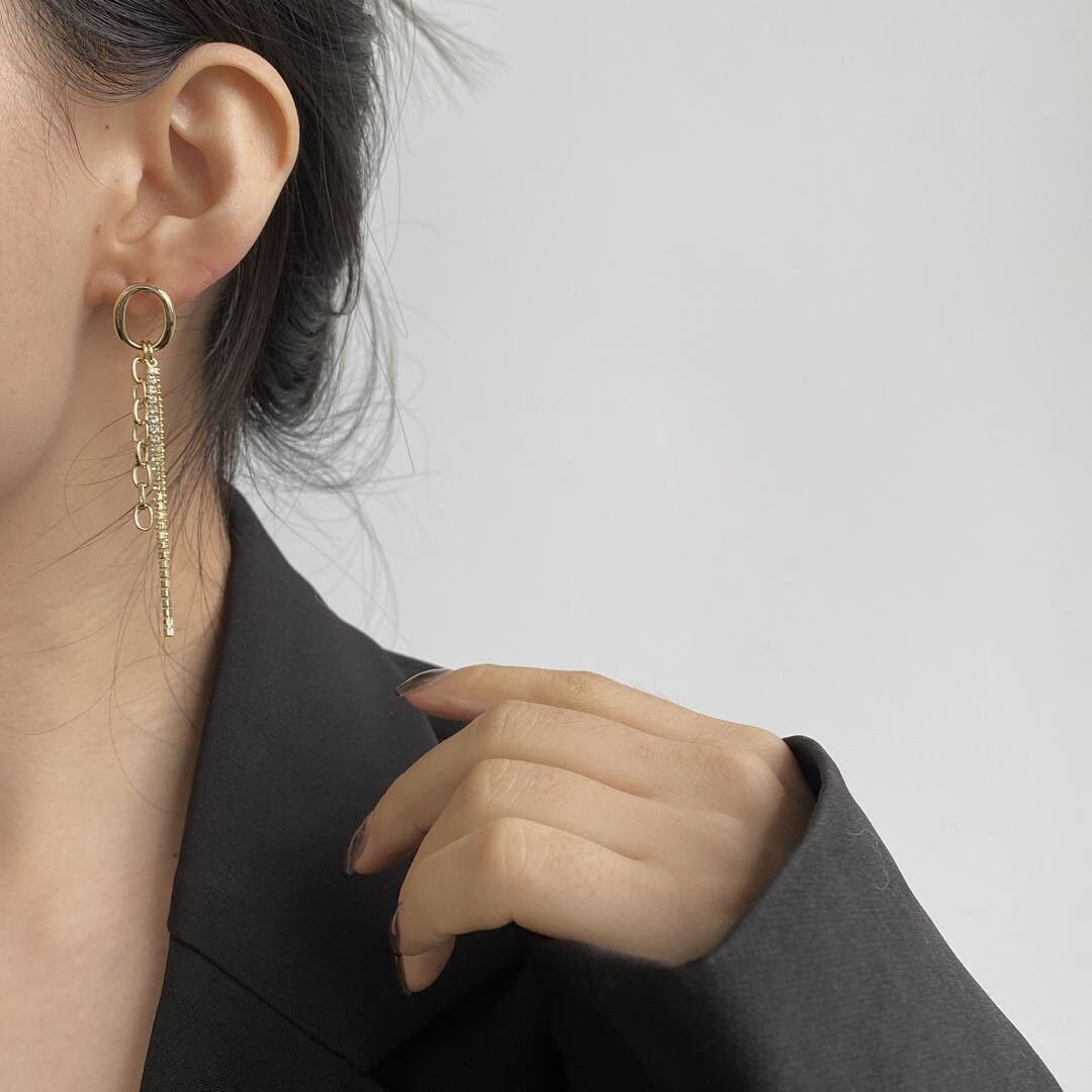 Mismatched Ribbon Earrings, Asymmetric Earrings, Gold Bow Threader, Gold Fringed Earrings, Mismatched Drop Chain, Hoop Earrings, Streetwear